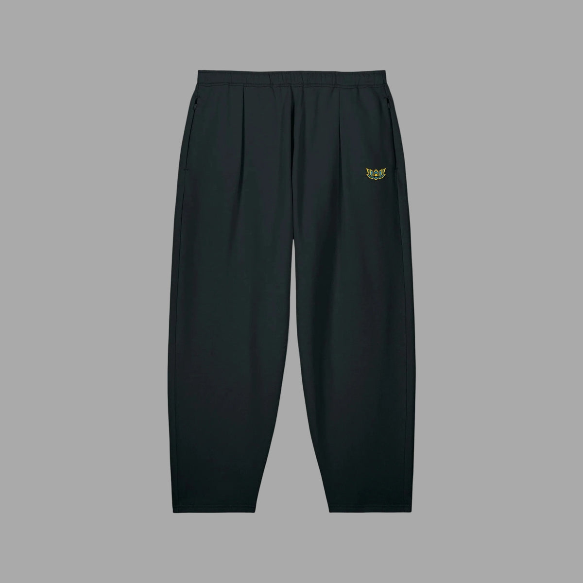 Lotus Barrel Joggers black, front, lotus embroidery on the hip