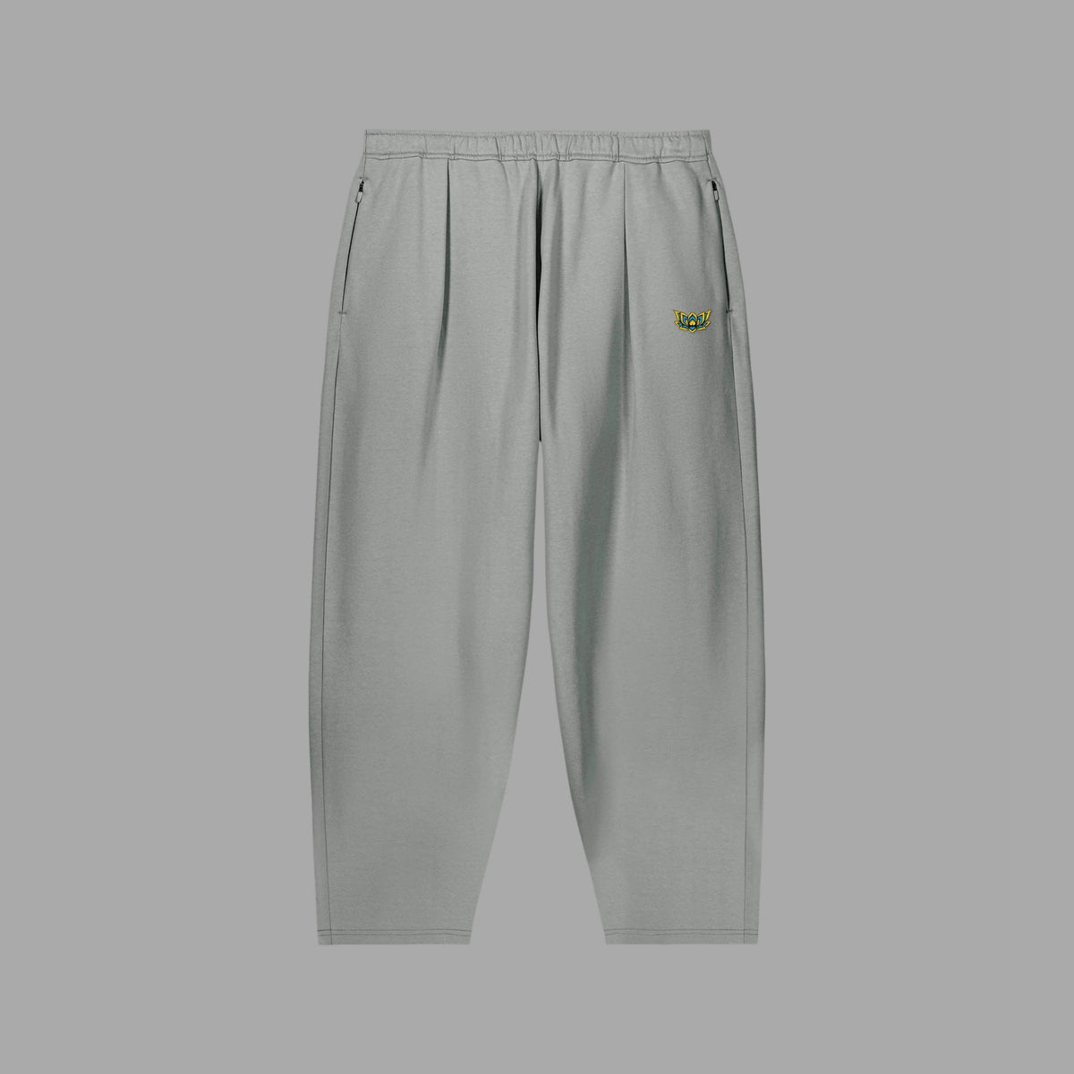 Lotus Barrel Joggers stone grey, front, lotus embroidery on the hip